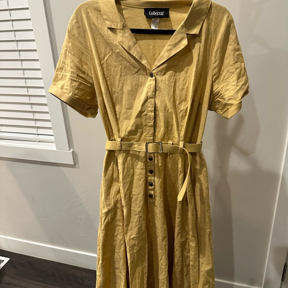 Collectif Mustard Button-Down Midi Dress - Picture 2 of 5